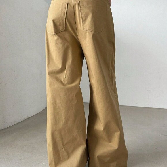 Khaki Casual Women's Turn-Down Collar Batwing Sleeve Top And Wide-Leg Pants Suit - Picture 2 of 9